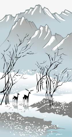 麋鹿装饰画超美日本插画风风景装饰画矢量图高清图片