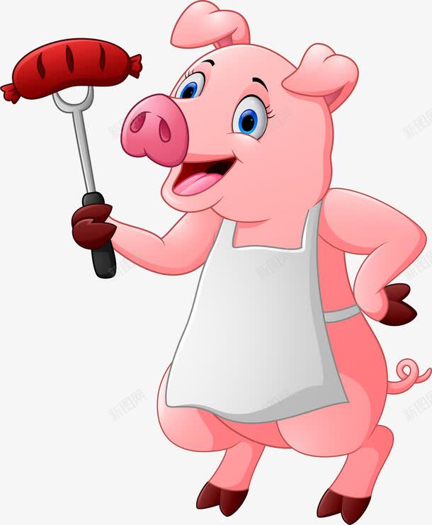 卡通可爱小猪厨师png免抠素材_新图网 https://ixintu.com 动物 厨师 叉子 围裙 小猪 烤肠 烧烤 矢量图案