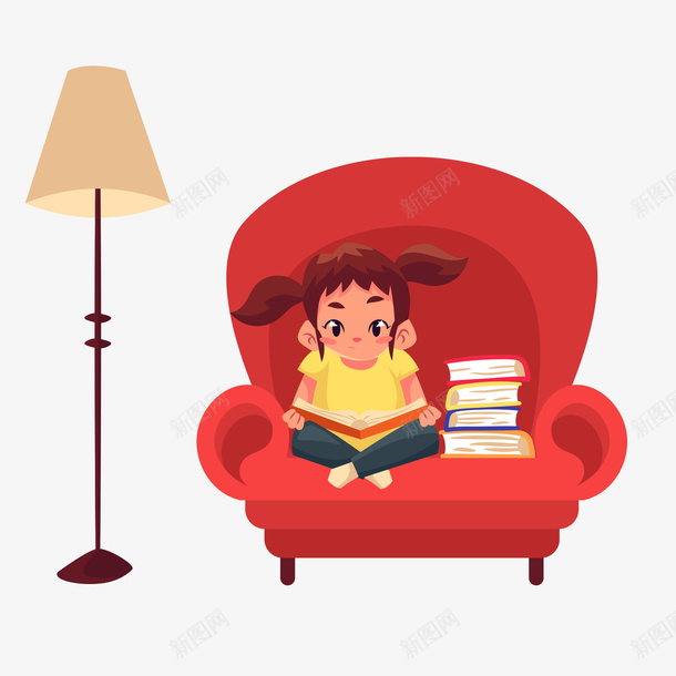 卡通手绘坐在沙发上看书的小女孩png免抠素材_新图网 https://ixintu.com 卡通 学习 小女孩 手绘 沙发 看书 落地灯 阅读