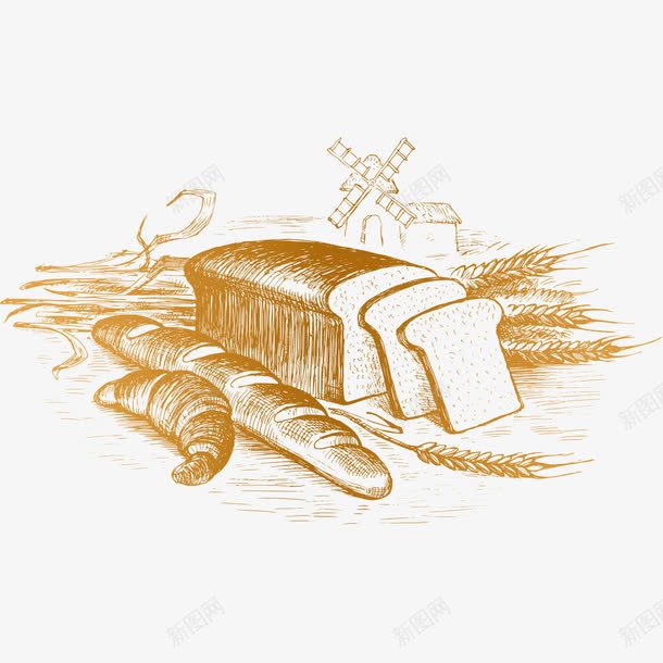 小麦面包素描png免抠素材_新图网 https://ixintu.com 小房子 小麦素描 法棍 牛角面包 背景 面包 面包素描 风车 食品 食物