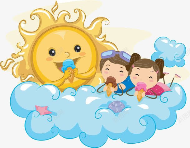 与太阳公公一起吃冰淇淋png免抠素材_新图网 https://ixintu.com 云彩 云彩笔刷 卡通手绘 吃冰淇淋 天空 太阳