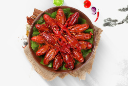 装饰龙虾盘子里的红色麻辣小龙虾食物高清图片