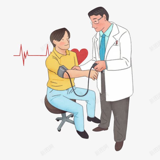手绘病人png免抠素材_新图网 https://ixintu.com 医生 卡通 手绘 测量血压 爱心 病人 看病 红色