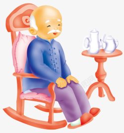 藤编摇摇椅卡通老人坐在摇摇椅上喝茶高清图片