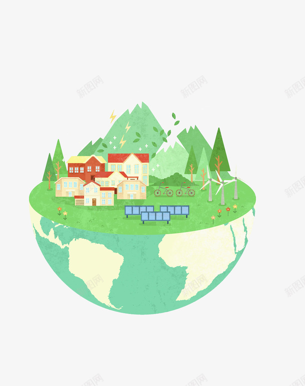 地球上的绿色美好家园png免抠素材_新图网 https://ixintu.com 地球 大山 大树 房屋 树叶 椅子 绿色 自行车 蓝色