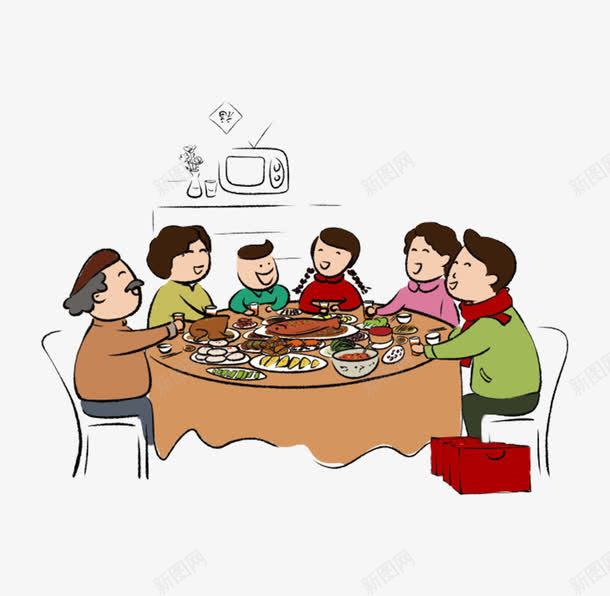 餐桌一家人png免抠素材_新图网 https://ixintu.com 卡通 吃饭 圆形 坐在餐桌前 家人 手绘 电视机 简图 食物 餐桌