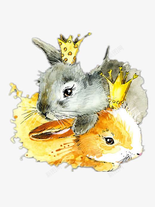 带皇冠的手绘兔子png免抠素材_新图网 https://ixintu.com 两只兔子 兔子png 兔子免抠 卡通兔子 漂亮的手绘兔子 灰色兔子 灵动 色彩鲜明 褐色兔子