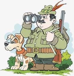 拿望远镜可爱漫画猎人与猎狗高清图片