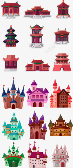红色中国风卡通塔楼装饰图案素材