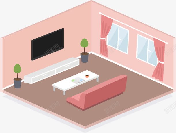 一间房子png免抠素材_新图网 https://ixintu.com 会客厅 小时候窗帘 挂在墙上的电视 玻璃窗 电视柜 窗帘 粉色沙发