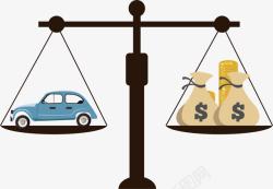 买车贷款天平两端的汽车和钱袋高清图片