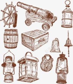 素描木桶手绘煤油灯和大炮炸药高清图片