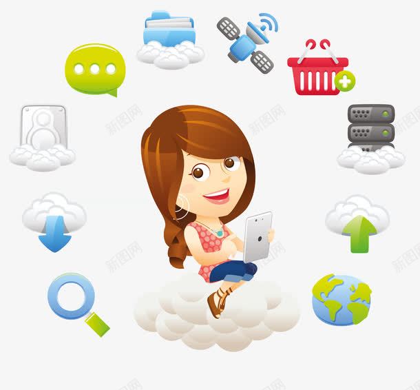 卡通商业女人和图标png_新图网 https://ixintu.com 一朵云 云上服务 云分享 云彩 云朵 卡通女人 商业 商务 图标 地球 坐在云朵上的女孩 女人 女人天堂 小图标 搜索