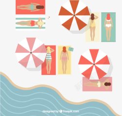 夏季法兰绒毯子沙滩日光浴场俯视图高清图片