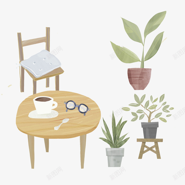 各种盆栽和桌椅板凳png免抠素材_新图网 https://ixintu.com 卡通 咖啡 手绘 板凳 桌子 植物 盆栽 眼镜