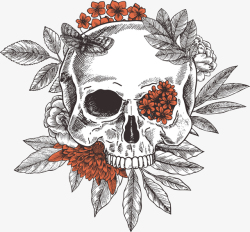花朵骷髅手绘植物花卉骷髅头高清图片