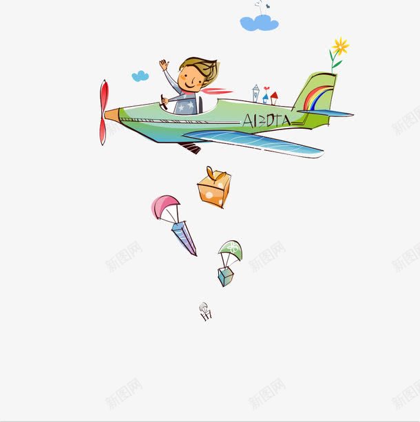 卡通插画png免抠素材_新图网 https://ixintu.com 小男孩 撒纸片 飞机