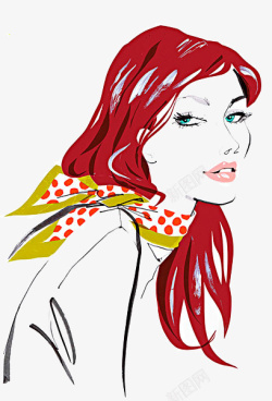 红发女人卡通手绘丝巾高清图片