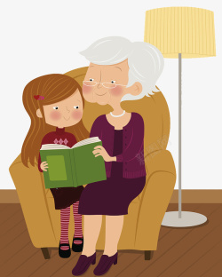 奶奶与小姑娘坐在沙发一起看书素材