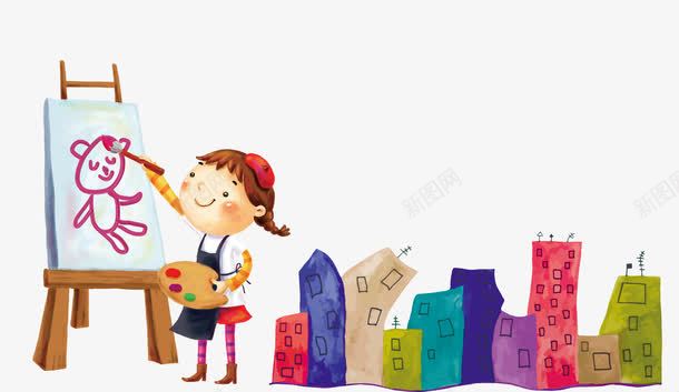 卡通绘画图层psd免抠素材_新图网 https://ixintu.com 儿童画板 房屋 画板 画架 童趣 绘画的小人 颜料盒