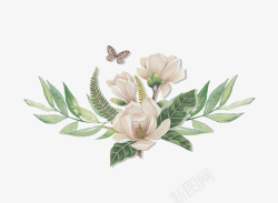 手绘纯白花朵与树叶装饰素材