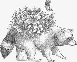 背上手绘背上开花的浣熊矢量图高清图片