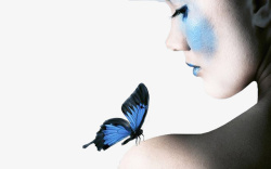 蝴蝶蜕变美妆模特与蓝色蝴蝶高清图片