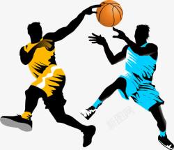 卡通人物打篮球两人抢篮球人物剪影高清图片
