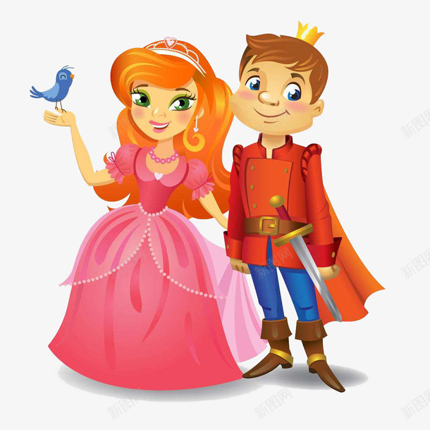 卡通王子和公主png免抠素材_新图网 https://ixintu.com 佩剑 卡通 唯美 小鸟 插画 爱情 王子和公主