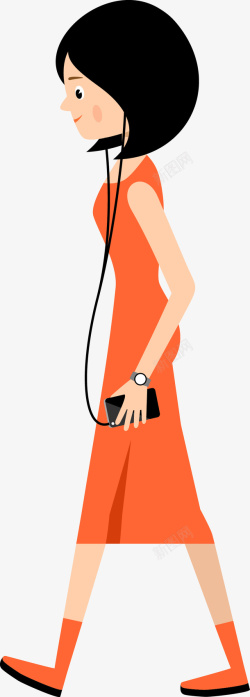 美女五官卡通戴着耳机行走的女人图高清图片