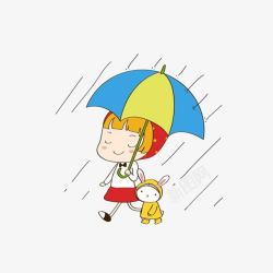 撑伞在雨中卡通雨中撑伞走的女孩和穿着雨衣高清图片