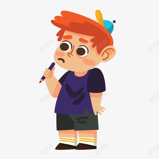 卡通拿着铅笔疑惑的儿童