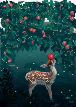 手绘苹果树手绘苹果树梅花鹿背景图案高清图片