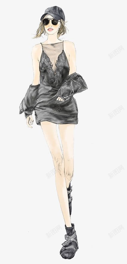 模特png免抠素材_新图网 https://ixintu.com 手绘女孩 时装设计 服装 黑裙子