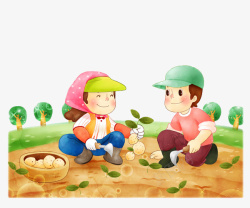 男孩女孩在田里挖土豆素材