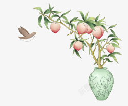 种桃树手绘花瓶桃树鸟儿高清图片