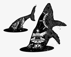 黑色内容大鲸鱼黑白花臂图案高清图片