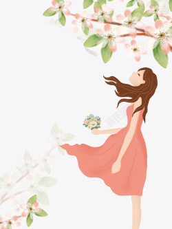 女孩在树下卡通手绘树下拿着花朵的女孩高清图片