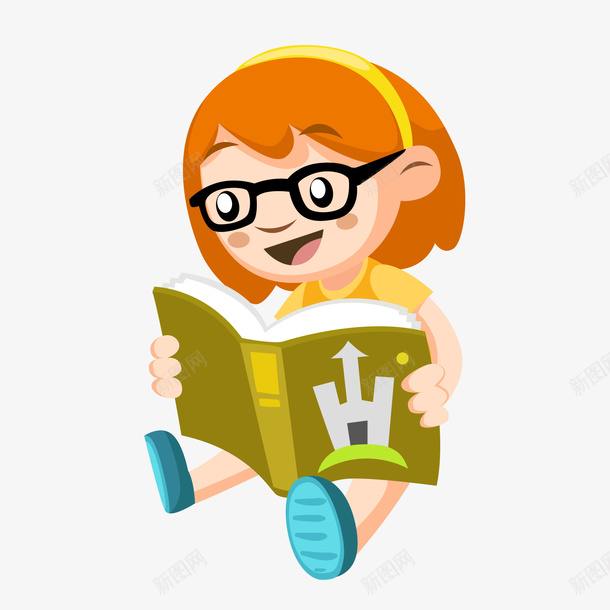 卡通看书的女孩人物矢量图ai免抠素材_新图网 https://ixintu.com 人物设计 儿童节 女孩 戴眼镜 看书 阅读 矢量图