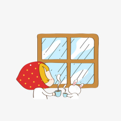 喝茶的女孩卡通喝着茶看着窗外的女孩和兔子高清图片