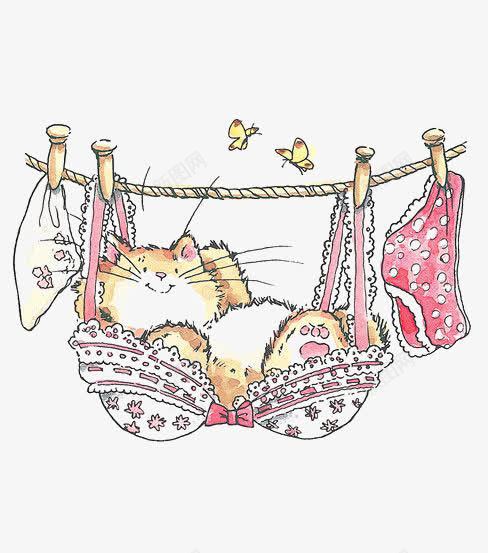 创意小猫插画png免抠素材_新图网 https://ixintu.com 内衣 卡通猫咪 手绘 晾衣服 水彩 胸罩