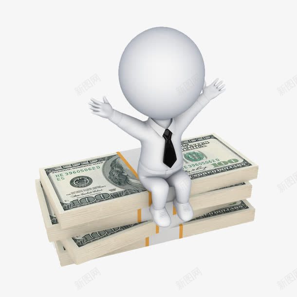 坐在钱上的小人png免抠素材_新图网 https://ixintu.com 3D小人 举手 纸币 领带