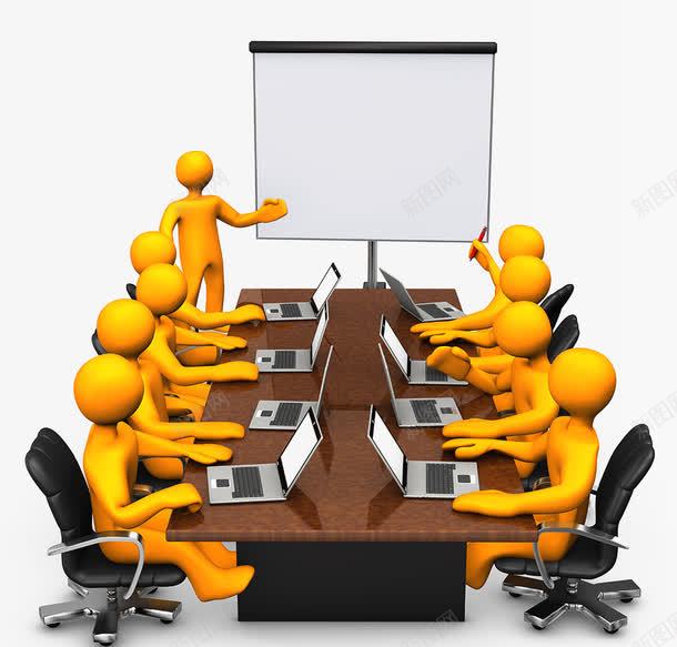 会议室中开会的黄色卡通小人png免抠素材_新图网 https://ixintu.com 会议室 会议桌 卡通小人 白色幕布 白色电脑 转椅 黄色