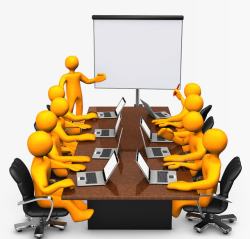 开会中会议室中开会的黄色卡通小人高清图片
