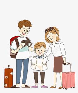 推着行李箱的小男孩旅游的一家人高清图片