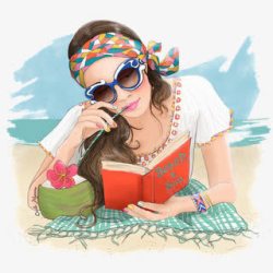 沙滩看书手绘女孩高清图片