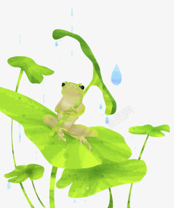 手绘拿着荷叶躲雨的青蛙素材