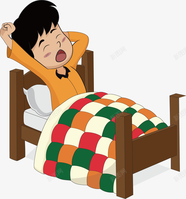 睡醒的小男孩矢量图ai免抠素材_新图网 https://ixintu.com 卡通手绘 小男孩 彩色方格 木床 每天睡到自然醒 清晨 矢量图 苏醒