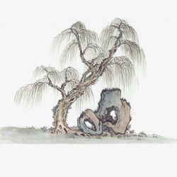 松树石头水墨画石头旁边的松树国画松树高清图片