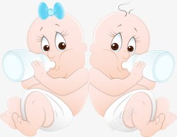 卡通尿布拿着奶瓶喝奶的双胞胎婴儿矢量图高清图片